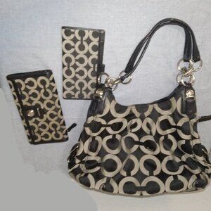 COACH "MIA OP ART MAGGIE" SET Monogram Black SHOULDER WALLET CHECKBOOK S1-7390